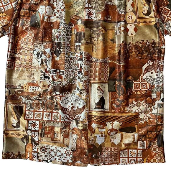 70s Vintage Novelty Print Button Up Shirt American History Folk Art Collage. - Picture 7 of 12